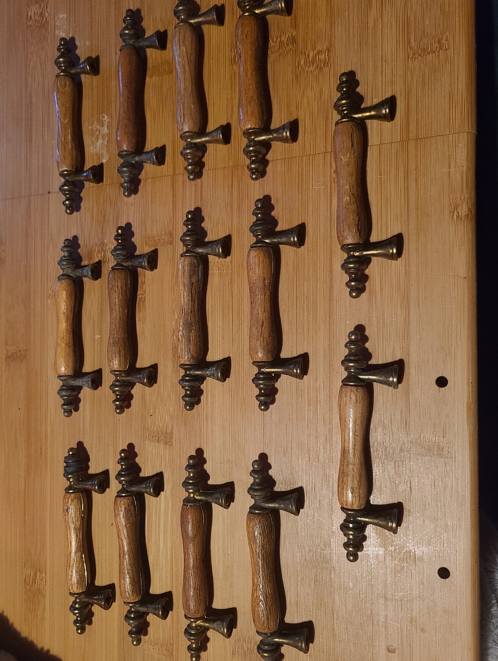 Vintage Wood Brass Cabinet Pulls Set 14 Colonial Drawer Handles 3”